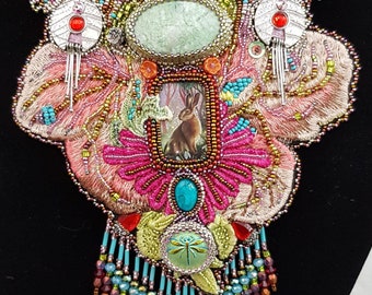 Enchanted Forest, Mixed Media Collar, Beaded and Stitched by Hand