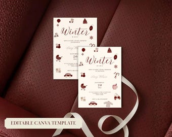 Peut inclure: Deux invitations à une baby shower sur le thème de l'hiver. Les invitations présentent le mot "Winter" dans une police manuscrite, ainsi que des illustrations d'objets liés à l'hiver. Les invitations sont sur un fond crème avec des accents bordeaux.