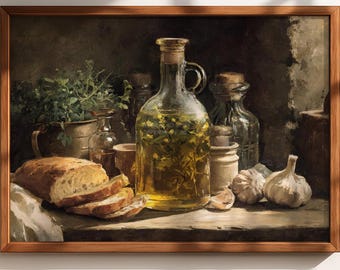 Olive Oil Kitchen Art, Rustic Mediterranean Still Life Print, Garlic and Herb Wall Decor, Vintage Farmhouse Kitchen Printable