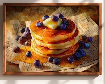 Arte de cocina para panqueques, lámina de desayuno con arándanos, pintura de comida acogedora, decoración de pared vintage para brunch, arte imprimible de café cálido