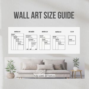 May include: A wall art size guide with dimensions in inches and centimeters. The guide includes ratios 3:4, ISO sizes, 2:3, 4:5, and 11:14. A sofa with a width of 90 inches (228cm) is shown below the guide.