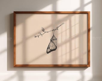 Butterfly Chrysalis Sketch – Minimal Line Drawing Botanical Wall Art – Neutral Vintage Insect Illustration