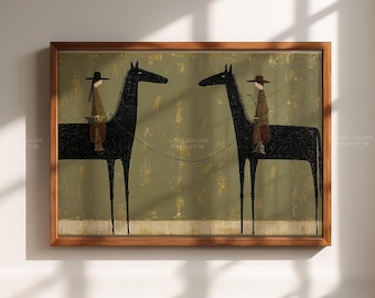 Twin Horse Folk Art Print, Neutral Western Wall Decor, Rustic Olive Green Equestrian Artwork, Instant Download