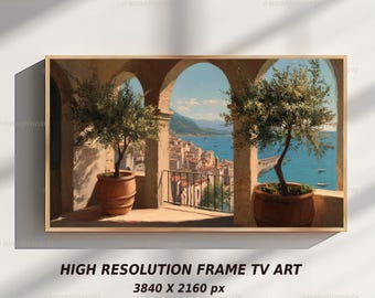Arte de TV con marco de olivo y balcón mediterráneo, paisaje de pueblo costero vintage, decoración de pared digital con marco Samsung