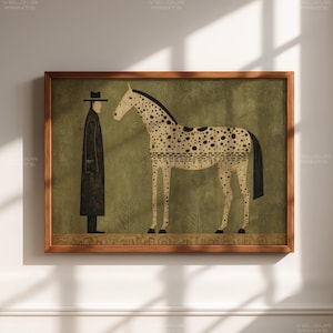Abstract Cowboy and Horse Wall Art, Folk Western Illustration Print, Rustic Farmhouse Decor, Minimal Ranch Style Artwork