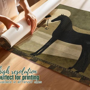May include: A rolled print featuring a black horse illustration with a figure holding a parasol. The print has a beige and olive green background with the text "high resolution perfect for printing available in different sizes".