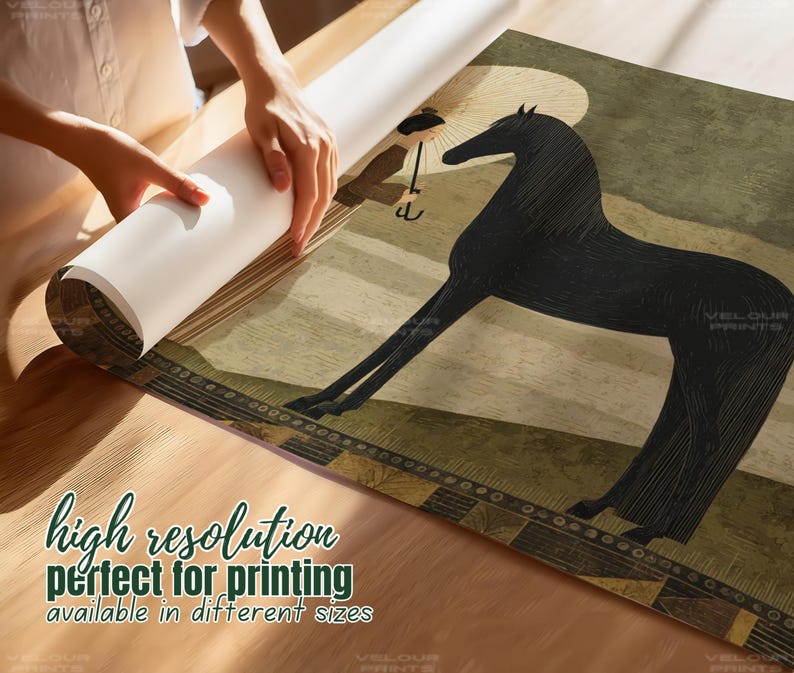 May include: A rolled print featuring a black horse illustration with a figure holding a parasol. The print has a beige and olive green background with the text "high resolution perfect for printing available in different sizes".