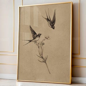 Puede incluir: Una impresión enmarcada con dos golondrinas en vuelo, representadas en un detallado boceto en blanco y negro. Un pájaro se posa en un tallo florecido. La obra de arte está sobre un fondo beige, enmarcada en oro.