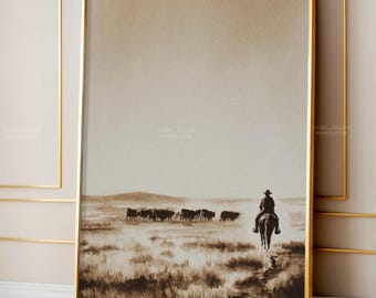 Cowboy Herding Cattle Sketch Print, Minimal Western Ranch Art, Rustic Farm Landscape Drawing, Neutral Country Wall Decor