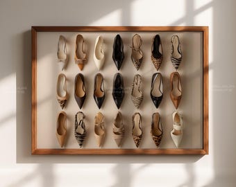 Luxe designer hakken kunst aan de muur, mode schoenencollectie illustratie, chique redactioneel schoeisel decor
