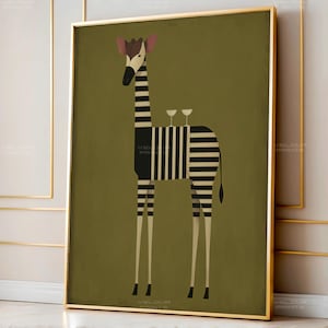 May include: A framed wall art print featuring a stylized giraffe with a black and white striped body against a solid olive green background. The giraffe has two small white stemmed glasses balanced on its back and a long, slender neck.