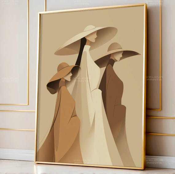 Elegant Women Hat Illustration, Neutral Fashion Wall Art, Modern Minimal Female Print, Soft Beige Decor