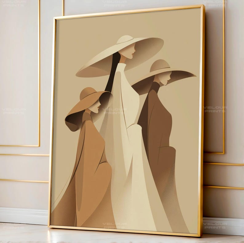 May include: A framed art print featuring a minimalist illustration of three figures wearing wide-brimmed hats and long coats. The color palette includes shades of beige, brown, and white, creating a sophisticated and elegant aesthetic. The artwork is framed in a gold-colored frame.