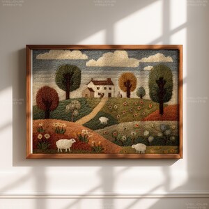 Könnte beinhalten: Ein gerahmtes Landschaftskunstwerk mit einer idyllischen Szene. Das Kunstwerk zeigt ein weißes Haus, Bäume, sanfte Hügel und Schafe. Die Farbpalette umfasst Grün-, Braun- und Blautöne, mit einem Holzrahmen.