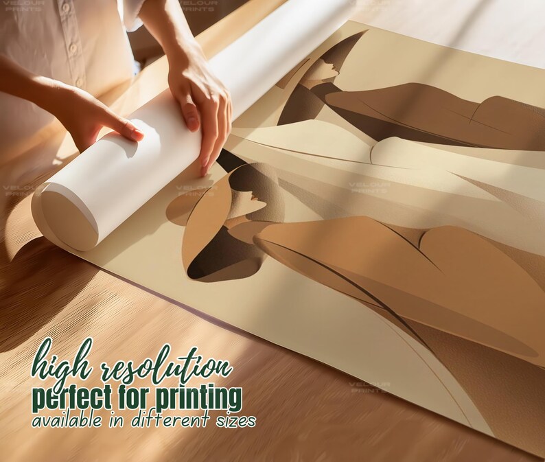 May include: A rolled-up white canvas print with a beige abstract design is being unrolled on a wooden surface. The print features a high-resolution design, perfect for printing and available in different sizes.
