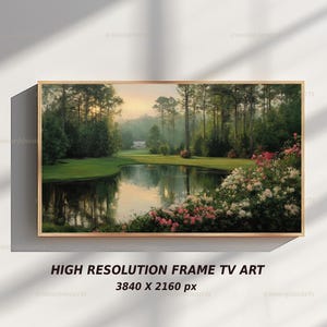May include: A framed landscape print depicting a tranquil pond reflecting trees and a building in the distance. The scene is bordered by green grass and vibrant flowers. The text "HIGH RESOLUTION FRAME TV ART" and "3840 X 2160 px" are at the bottom.