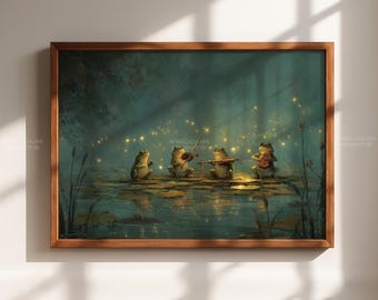 Frog Lily Pad Orchestra Printable Art, Whimsical Pond Animal Illustration, Magical Woodland Music Scene, Cottagecore Decor