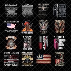 Könnte beinhalten: Eine Sammlung von Grafiken auf schwarzem Hintergrund mit Text und Bildern zum Thema Zweiter Zusatzartikel, Schusswaffen und politische Aussagen. Designs umfassen die amerikanische Flagge, Waffen und Sätze wie "Freie Meinungsäußerung" und "Gott, Waffen und Trump".