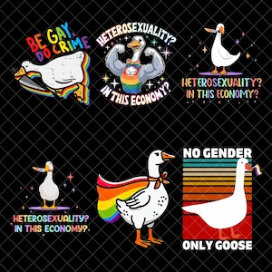 Może przedstawiać: Zbiór grafik przedstawiających białe gęsi z tęczowymi akcentami i tekstem. Projekty zawierają frazy takie jak "Be Gay Do Crime", "Heteroseksualność? In This Economy?" i "No Gender Only Goose."
