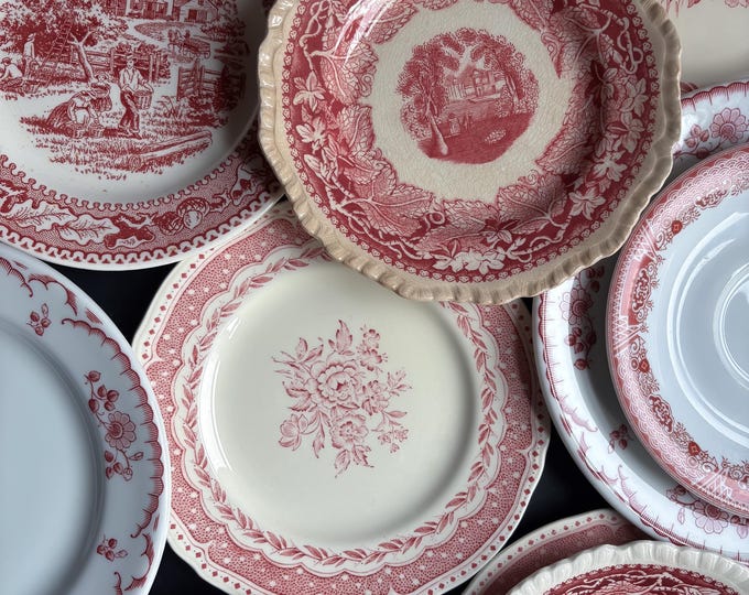 Red and Pink Transferware Saucers, Bread & Butter, and Dessert Plates ...
