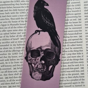 Op de afbeelding: Een boekenlegger met een zwarte raaf op een schedel, tegen een roze achtergrond. De boekenlegger heeft bloemmotieven en ligt op een pagina met tekst.