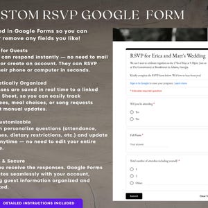 Op de afbeelding: Een digitaal RSVP-formulier voor een bruiloft, gemaakt met Google Forms. Het formulier bevat velden voor de aanwezigheid van gasten, namen en het totale aantal aanwezigen. Het formulier is aanpasbaar en priv&eacute;.