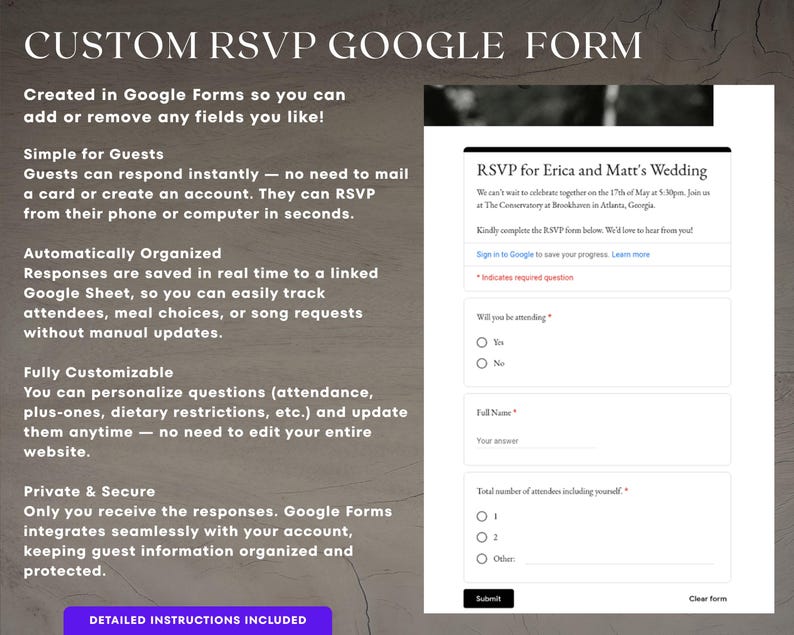 Op de afbeelding: Een digitaal RSVP-formulier voor een bruiloft, gemaakt met Google Forms. Het formulier bevat velden voor de aanwezigheid van gasten, namen en het totale aantal aanwezigen. Het formulier is aanpasbaar en priv&eacute;.