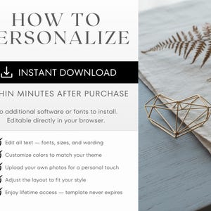 Op de afbeelding: Afbeelding met de tekst "HOW TO PERSONALIZE" en "INSTANT DOWNLOAD". Een gouden geometrisch hart en gedroogde varen liggen op een lichtblauwe ondergrond. De tekst vermeldt ook het bewerken van tekst, het aanpassen van kleuren en levenslange toegang.