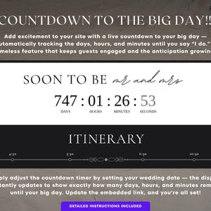 Op de afbeelding: Een digitale bruiloft countdown-afbeelding met de tekst "COUNTDOWN TO THE BIG DAY!!!" en "SOON TO BE mr and mrs". De timer geeft 747 dagen, 1 uur, 26 minuten en 53 seconden weer. Bevat een routebeschrijving en instructies.