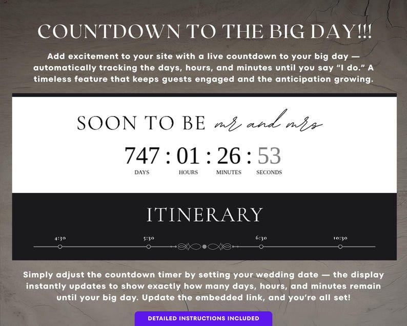 Op de afbeelding: Een digitale bruiloft countdown-afbeelding met de tekst "COUNTDOWN TO THE BIG DAY!!!" en "SOON TO BE mr and mrs". De timer geeft 747 dagen, 1 uur, 26 minuten en 53 seconden weer. Bevat een routebeschrijving en instructies.