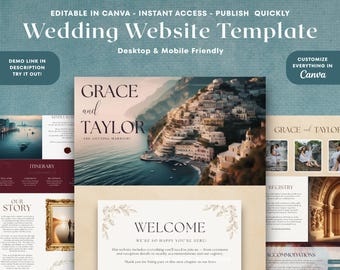 Op de afbeelding: Een trouwwebsite-sjabloon met een kustthema. Het ontwerp bevat een schilderachtige foto van een kustplaats, met de namen "Grace and Taylor" en de woorden "Are Getting Married!". De sjabloon is geschikt voor desktop en mobiel.