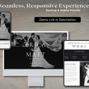 Op de afbeelding: Een zwart-wit ontwerp van een trouwwebsite weergegeven op een desktopcomputer, tablet en smartphone. De website toont de namen "ERICA" en "MATT", de datum "MAY 17" en de tekst "Demo Link in Description".