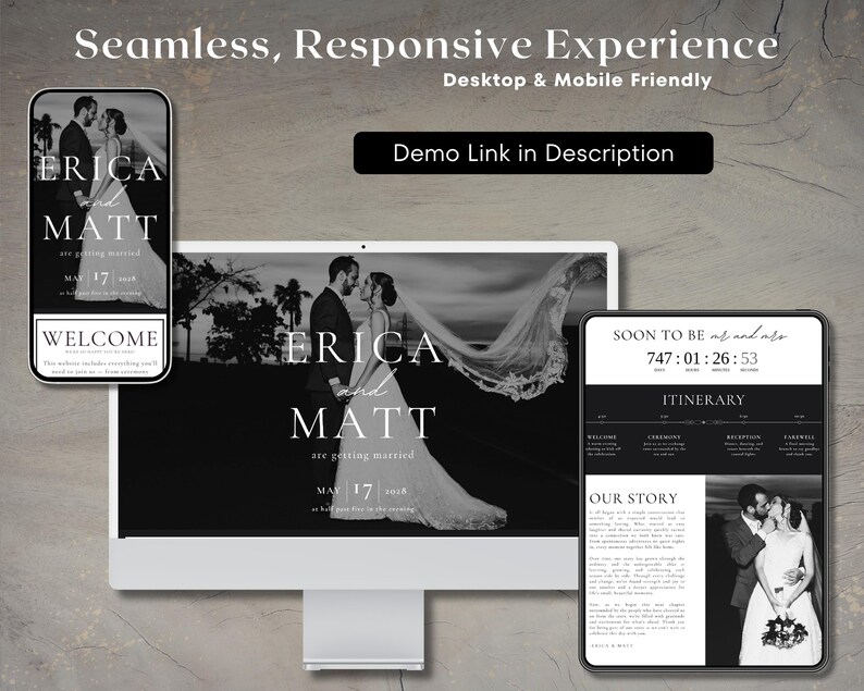 Op de afbeelding: Een zwart-wit ontwerp van een trouwwebsite weergegeven op een desktopcomputer, tablet en smartphone. De website toont de namen "ERICA" en "MATT", de datum "MAY 17" en de tekst "Demo Link in Description".