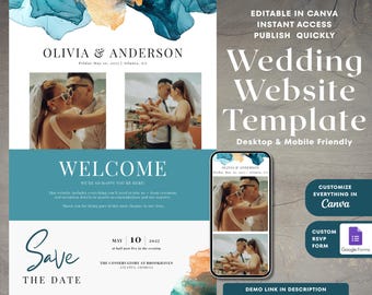 Op de afbeelding: Een sjabloon voor een trouwwebsite met een abstract ontwerp in teal en goud. De sjabloon bevat foto's van een stel, de tekst "OLIVIA & ANDERSON" en de woorden "Wedding Website Template". De sjabloon is geschikt voor desktop en mobiel.