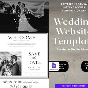 May include: A wedding website template with a black and white design. The template includes sections for the couple's names, wedding date, welcome message, and RSVP information. The design is desktop and mobile friendly.