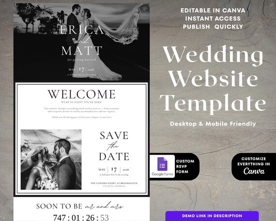 Luxury Wedding Website Template with Google RSVP Form & Countdown, Editable Canva Page with Itinerary, Travel and Details