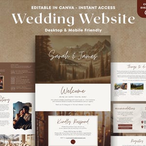 Puede incluir: Una plantilla de sitio web de bodas con un diseño de paisaje de montaña. El sitio web incluye secciones para itinerario, historia, bienvenida y RSVP. El texto incluye "Wedding Website", "Sarah & James", y "Customize Everything in Canva".