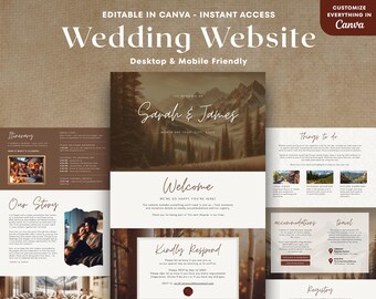 Op de afbeelding: Een sjabloon voor een trouwwebsite met een berglandschapontwerp. De website bevat secties voor route, verhaal, welkom en RSVP. Tekst bevat "Wedding Website", "Sarah & James", en "Customize Everything in Canva".