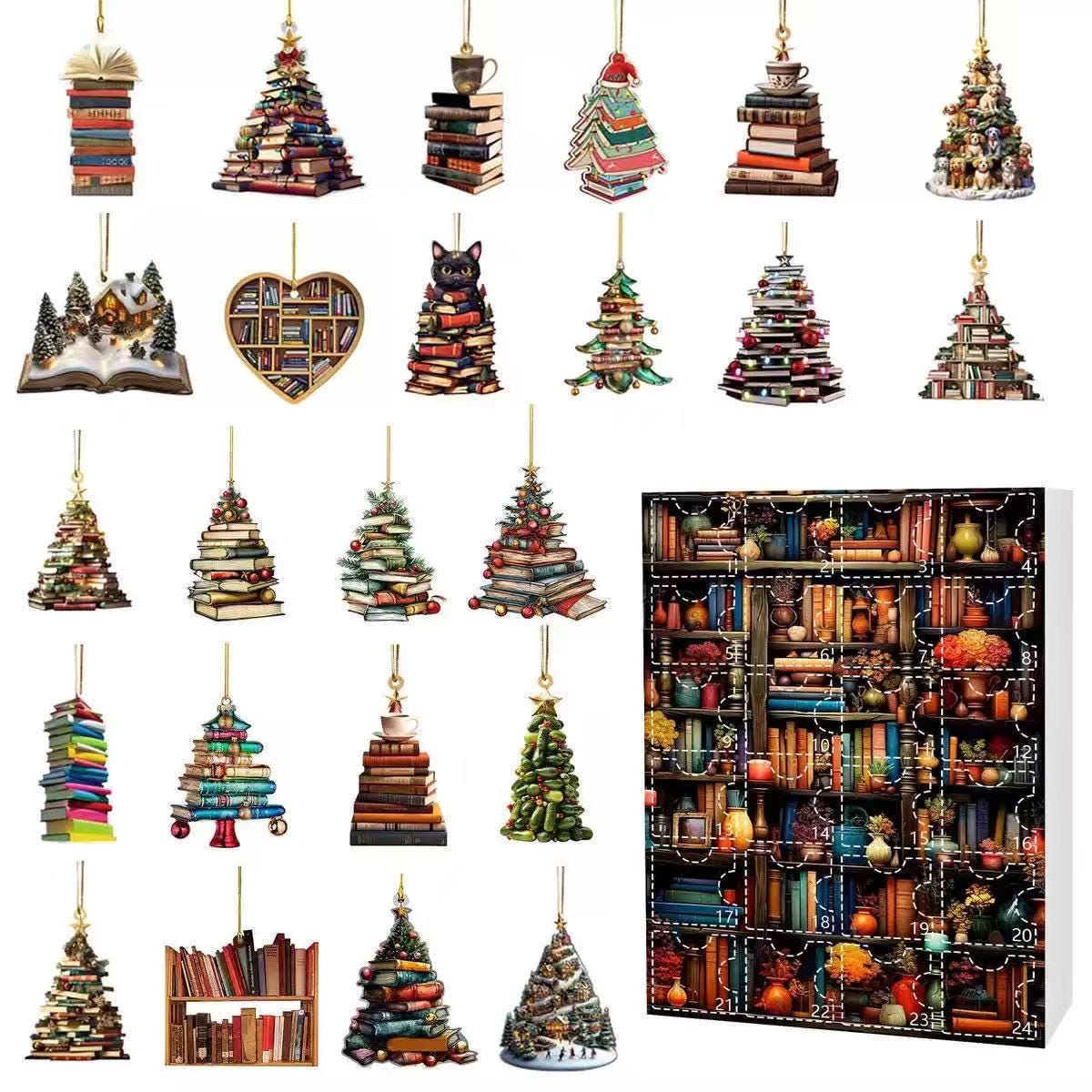 Discover Reading-Themed Advent Calendar, 24 2D Book Ornaments Acrylic Set, Gift for Readers, Teachers & Book Clubs, Christmas Book Lover Decor Box