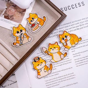 May include: Embroidered patches of orange and white cartoon cats in different poses. One cat holds a fish, another a cake, and others hold ice cream or sushi. The patches are displayed on a light-coloured surface.