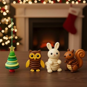 May include: A festive Christmas scene with a green and yellow tree ornament, a brown owl with yellow wings, a white bunny, and a brown squirrel. The figurines are displayed on a wooden surface, with a fireplace and Christmas decorations in the background.
