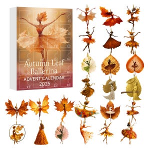 Può includere: Un calendario dell'Avvento "Autumn Leaf Ballerina" per il 2025, con una ballerina fatta di foglie autunnali. Include ornamenti di ballerine sospese in vari disegni e colori di foglie, come arancione, giallo e marrone.