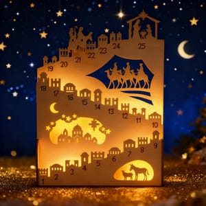 May include: Wooden Christmas advent calendar with a nativity scene and city silhouette cutouts. The calendar is illuminated from within, featuring numbers 1-25. The background is a dark blue with stars and a crescent moon.