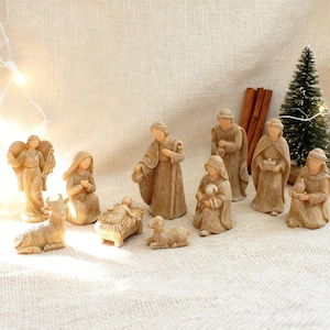 Rustic Nativity Figurines, Hand-Carved Look Holy Family, Christmas Manger Scene Décor, Neutral Toned Nativity Collection, Christmas Gift