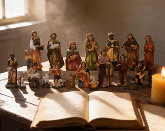 May include: A collection of detailed nativity figurines, including figures of the Three Wise Men, shepherds, and Mary and Joseph. The figurines are arranged on a wooden surface with an open book in the foreground. A lit candle and a window are in the background.