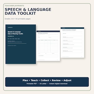 Può includere: Un kit di strumenti per dati di linguaggio e logopedia per le classi dalla terza all'ottava, con 50 pagine stampabili. Il set include una copertina blu scuro e due fogli di lavoro bianchi con tabelle e campi per la comunicazione.