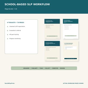 Könnte beinhalten: Ein digitales Schul-SLP-Workflow-Mega-Bundle für die Klassen K-8, bestehend aus 4 Toolkits und 70 Seiten. Das Set enthält Dokumente zur Organisation von Fällen und IEPs, Evaluation, Überweisung, Zielverfolgung und Fortschrittskontrolle.