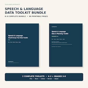以下が含まれることがあります： 88ページの印刷可能なSpeech & Language Data Toolkit Bundle。Speech & Language Small-Group Fast Data Toolkit K-2とSpeech & Language Data & Planning Toolkit Grades 3-8と書かれた2枚の濃い青色の表紙が含まれています。