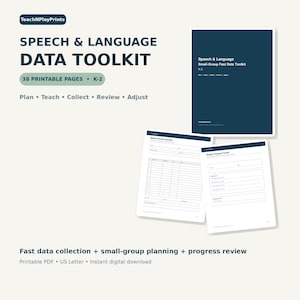 May include: A Speech & Language Data Toolkit with 38 printable pages for grades K-2. The set includes a dark blue cover page and two white interior pages featuring tables for speech sound data and student progress tracking in a US Letter format.
