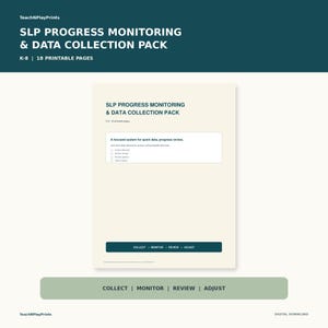 Puede incluir: Un paquete digital de monitoreo de progreso y recolección de datos SLP con 18 páginas imprimibles para K-8. El documento presenta un fondo crema con texto en verde azulado oscuro, incluyendo el título y una barra de Collect, Monitor, Review, Adjust.